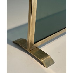 Design Single-Panel Fireplace Screen in Green-Tinted Glass with Beaded Brass Frame