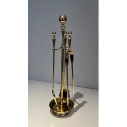 Nécessaire de Feu Néoclassique en Laiton Poli sur Support Columnaire à Base en Plateau Circulaire