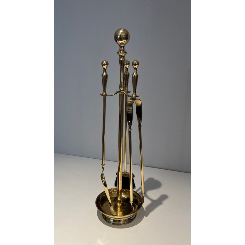 Neoclassical Style Polished Brass Fireplace Companion Set on Columnar Stand with Dish Base