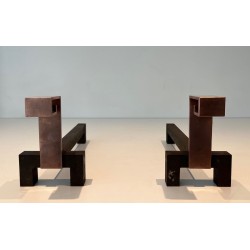 Pair of Brutalist Copper and Wrought Iron Andirons with Geometric Block Finials