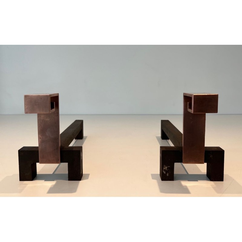 Pair of Brutalist Copper and Wrought Iron Andirons with Geometric Block Finials