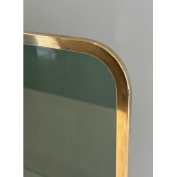 Design Single-Panel Fireplace Screen in Green-Tinted Glass with Beaded Brass Frame