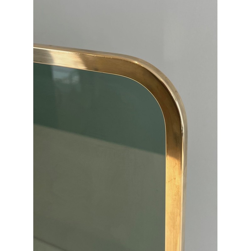 Design Single-Panel Fireplace Screen in Green-Tinted Glass with Beaded Brass Frame