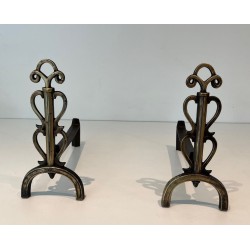 Pair of Brass and Iron Andirons with Triple-Scroll Finials and Lyre-Form Uprights, in the Style of Raymond Subes