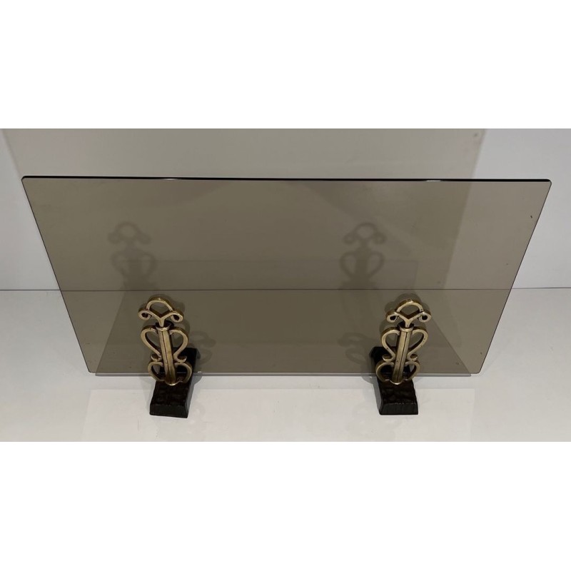 Smoked Glass Fireplace Screen on Art Deco Bronze Supports in the Style of Raymond Subes