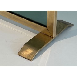 Design Single-Panel Fireplace Screen in Green-Tinted Glass with Beaded Brass Frame