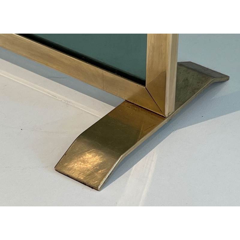 Design Single-Panel Fireplace Screen in Green-Tinted Glass with Beaded Brass Frame