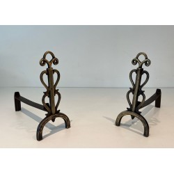 Pair of Brass and Iron Andirons with Triple-Scroll Finials and Lyre-Form Uprights, in the Style of Raymond Subes