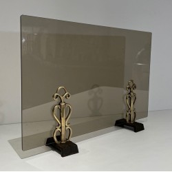Smoked Glass Fireplace Screen on Art Deco Bronze Supports in the Style of Raymond Subes