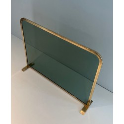 Pare-Feu Design à Panneau Unique en Verre Teinté Vert avec Cadre en Laiton Perlé