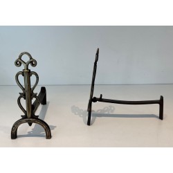Pair of Brass and Iron Andirons with Triple-Scroll Finials and Lyre-Form Uprights, in the Style of Raymond Subes