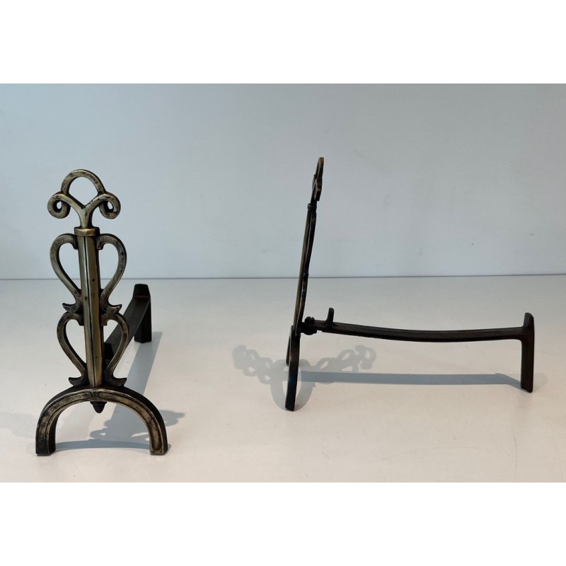 Pair of Brass and Iron Andirons with Triple-Scroll Finials and Lyre-Form Uprights, in the Style of Raymond Subes