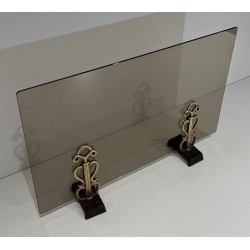 Smoked Glass Fireplace Screen on Art Deco Bronze Supports in the Style of Raymond Subes