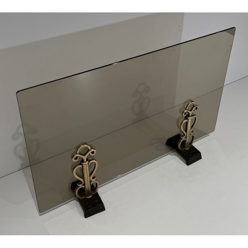 Pare-Feu en Verre Fumé sur Supports en Bronze Art Déco dans le Goût de Raymond Subes