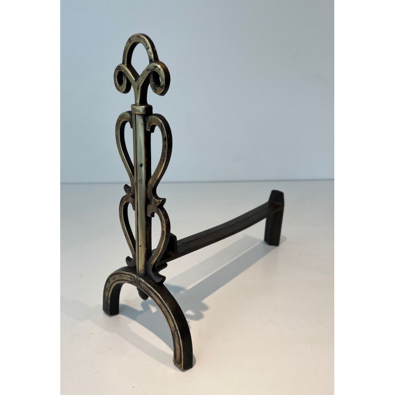 Pair of Brass and Iron Andirons with Triple-Scroll Finials and Lyre-Form Uprights, in the Style of Raymond Subes