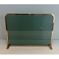 Pare-Feu Design à Panneau Unique en Verre Teinté Vert avec Cadre en Laiton Perlé