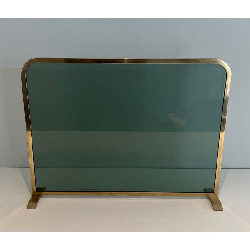 Pare-Feu Design à Panneau Unique en Verre Teinté Vert avec Cadre en Laiton Perlé