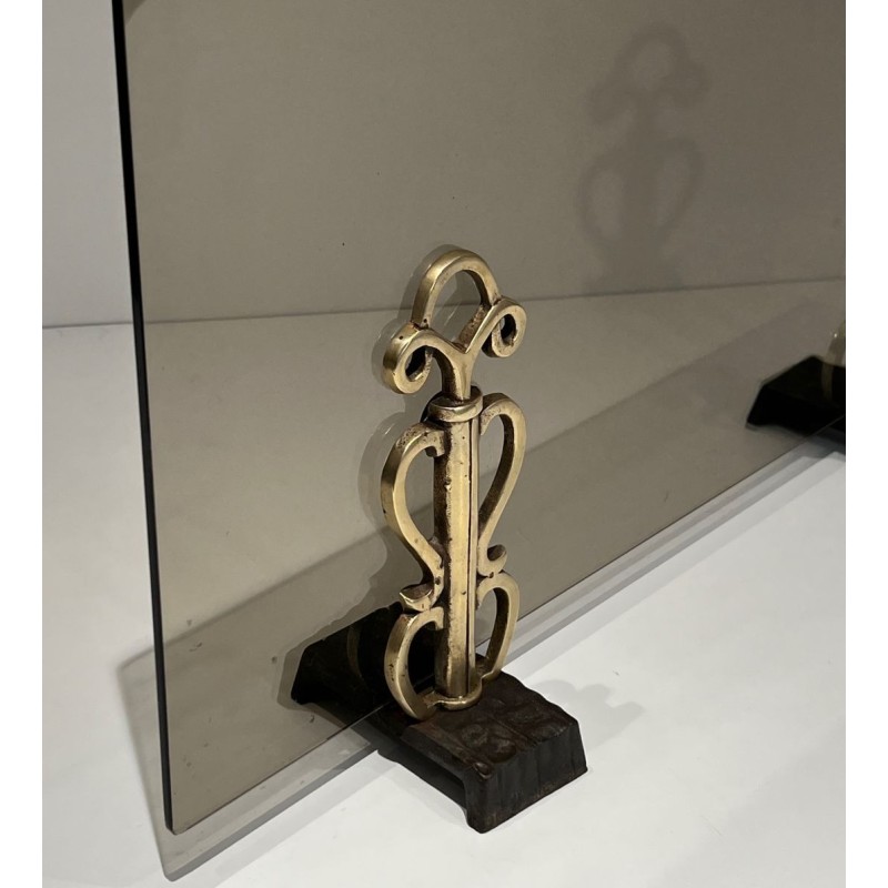 Pare-Feu en Verre Fumé sur Supports en Bronze Art Déco dans le Goût de Raymond Subes