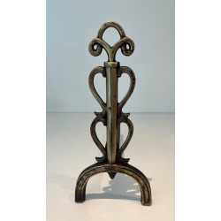 Pair of Brass and Iron Andirons with Triple-Scroll Finials and Lyre-Form Uprights, in the Style of Raymond Subes