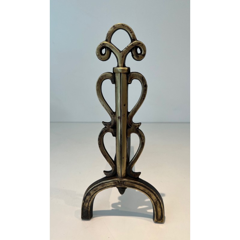 Pair of Brass and Iron Andirons with Triple-Scroll Finials and Lyre-Form Uprights, in the Style of Raymond Subes