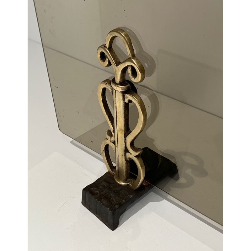 Smoked Glass Fireplace Screen on Art Deco Bronze Supports in the Style of Raymond Subes