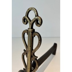 Pair of Brass and Iron Andirons with Triple-Scroll Finials and Lyre-Form Uprights, in the Style of Raymond Subes