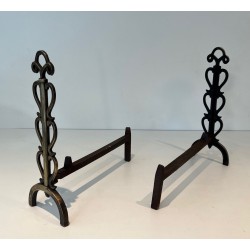 Paire de Chenets en Laiton et Fer Forgé à Colonnes de Volutes et Bases Arquées, dans le Goût de Raymond Subes