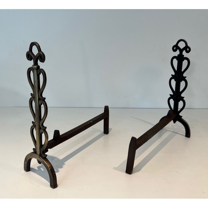 Paire de Chenets en Laiton et Fer Forgé à Colonnes de Volutes et Bases Arquées, dans le Goût de Raymond Subes