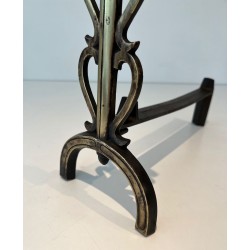 Pair of Brass and Iron Andirons with Triple-Scroll Finials and Lyre-Form Uprights, in the Style of Raymond Subes