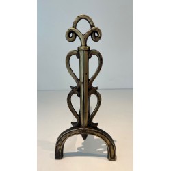 Pair of Brass and Iron Andirons with Triple-Scroll Finials and Lyre-Form Uprights, in the Style of Raymond Subes