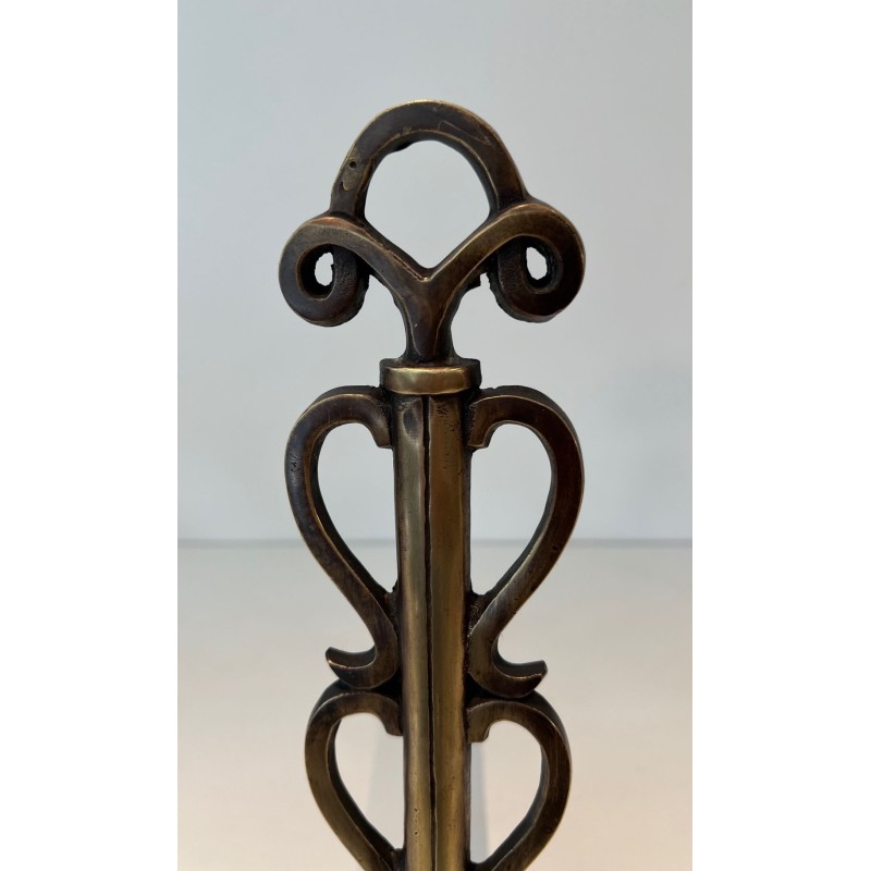 Paire de Chenets en Laiton et Fer Forgé à Colonnes de Volutes et Bases Arquées, dans le Goût de Raymond Subes