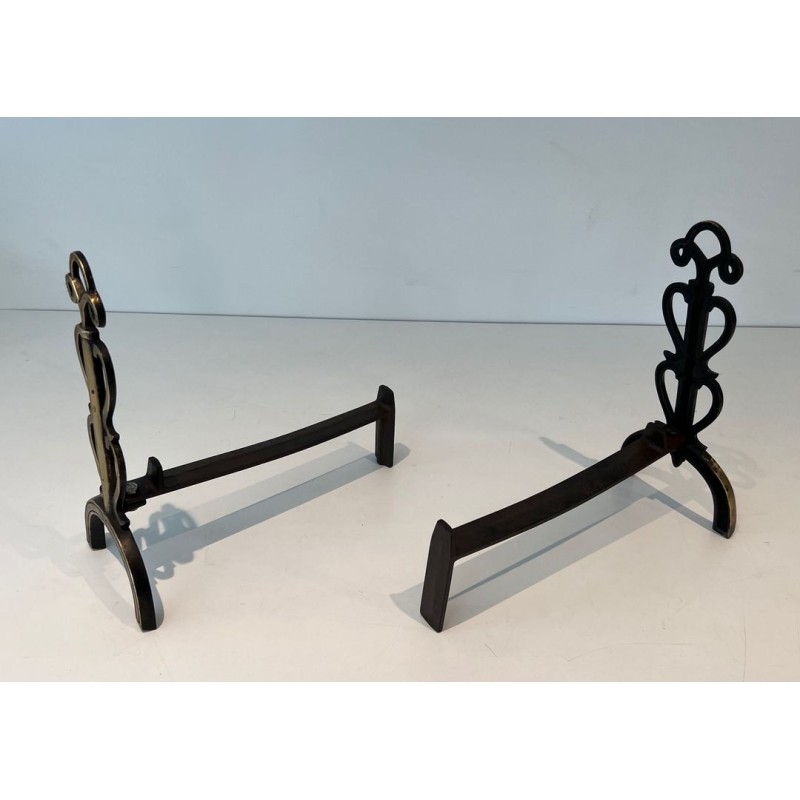Pair of Brass and Iron Andirons with Triple-Scroll Finials and Lyre-Form Uprights, in the Style of Raymond Subes