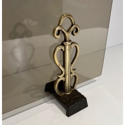 Smoked Glass Fireplace Screen on Art Deco Bronze Supports in the Style of Raymond Subes