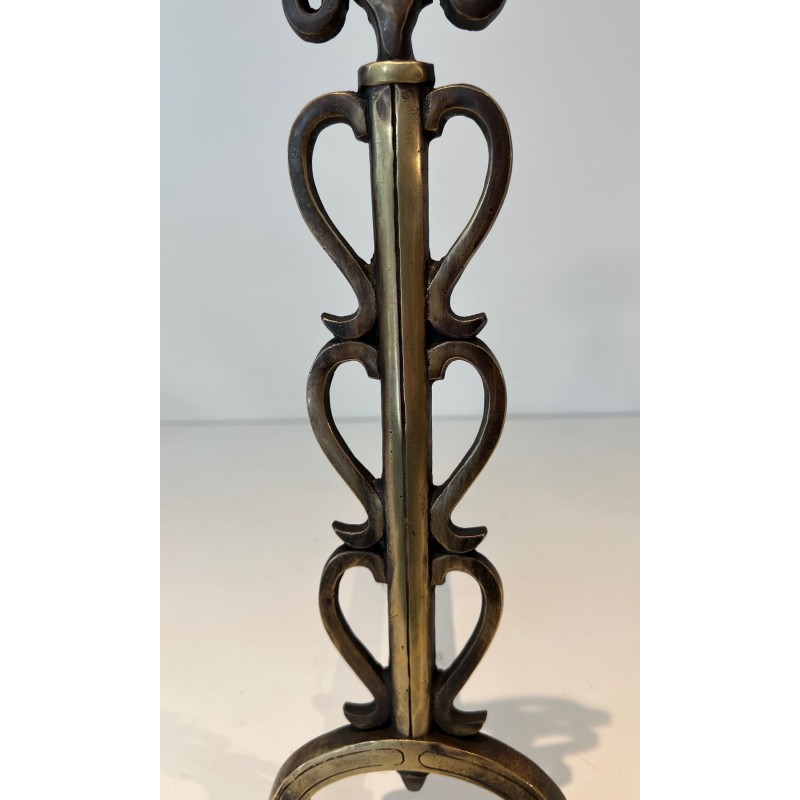 Paire de Chenets en Laiton et Fer Forgé à Colonnes de Volutes et Bases Arquées, dans le Goût de Raymond Subes