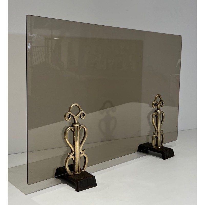 Pare-Feu en Verre Fumé sur Supports en Bronze Art Déco dans le Goût de Raymond Subes