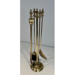 Neoclassical Style Polished Brass Fireplace Companion Set on Stand