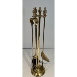 Neoclassical Style Polished Brass Fireplace Companion Set on Stand