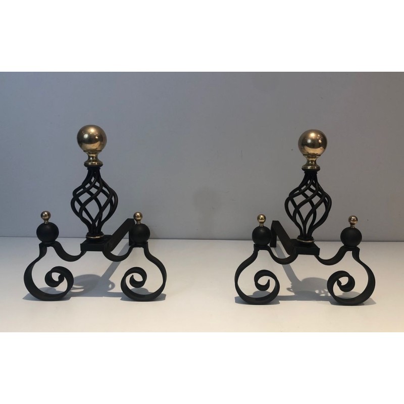 Pair of Wrought Iron Andirons with Polished Brass Ball Finials and Openwork Cage Bodies on Scrolled Bases