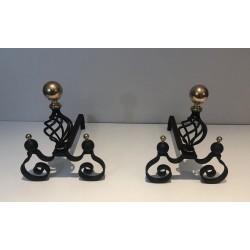 Pair of Wrought Iron Andirons with Polished Brass Ball Finials and Openwork Cage Bodies on Scrolled Bases