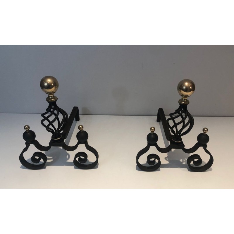 Pair of Wrought Iron Andirons with Polished Brass Ball Finials and Openwork Cage Bodies on Scrolled Bases