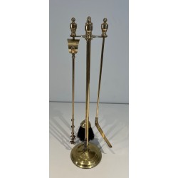 Neoclassical Style Polished Brass Fireplace Companion Set on Stand