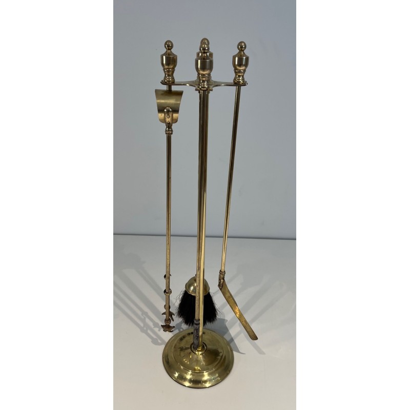 Neoclassical Style Polished Brass Fireplace Companion Set on Stand