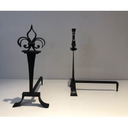 Important Pair of Wrought Iron Andirons with Heraldic Fleur-de-Lys Finials on Spreading Bases