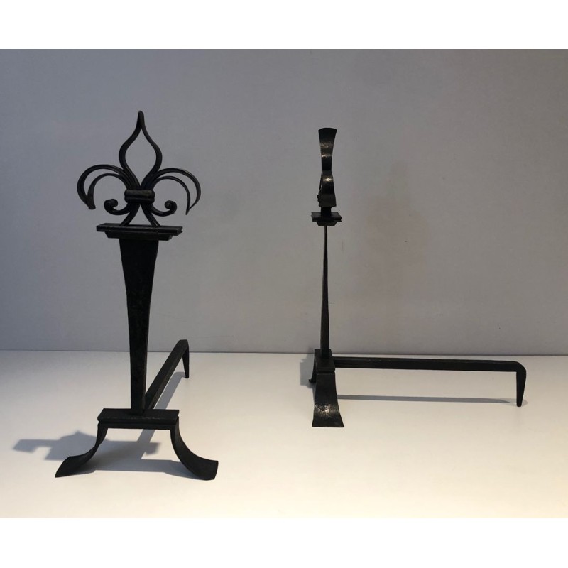 Important Pair of Wrought Iron Andirons with Heraldic Fleur-de-Lys Finials on Spreading Bases