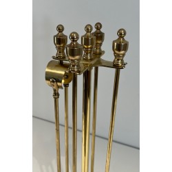 Neoclassical Style Polished Brass Fireplace Companion Set on Stand