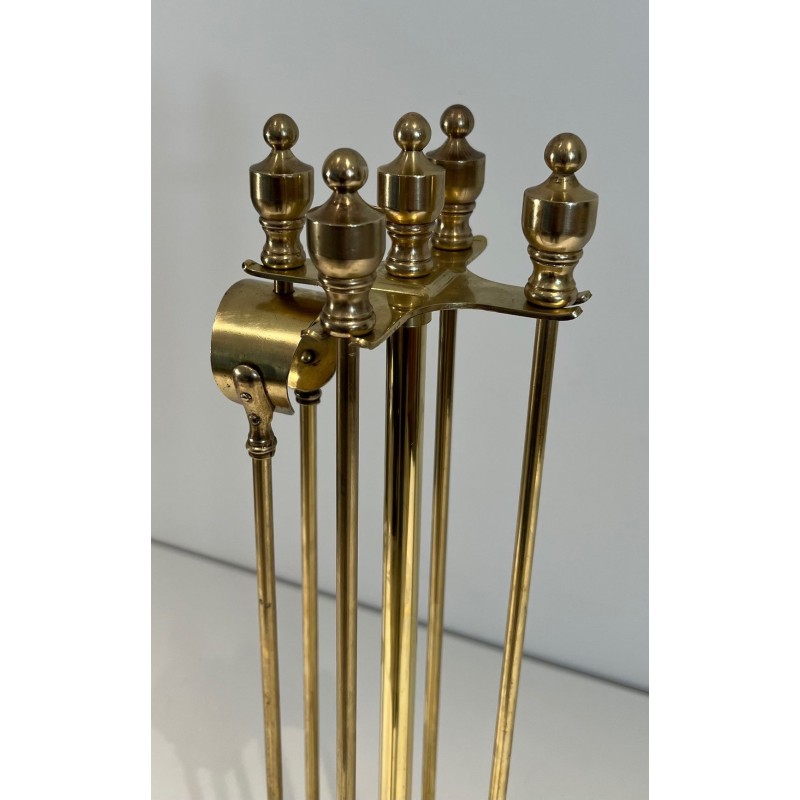 Neoclassical Style Polished Brass Fireplace Companion Set on Stand