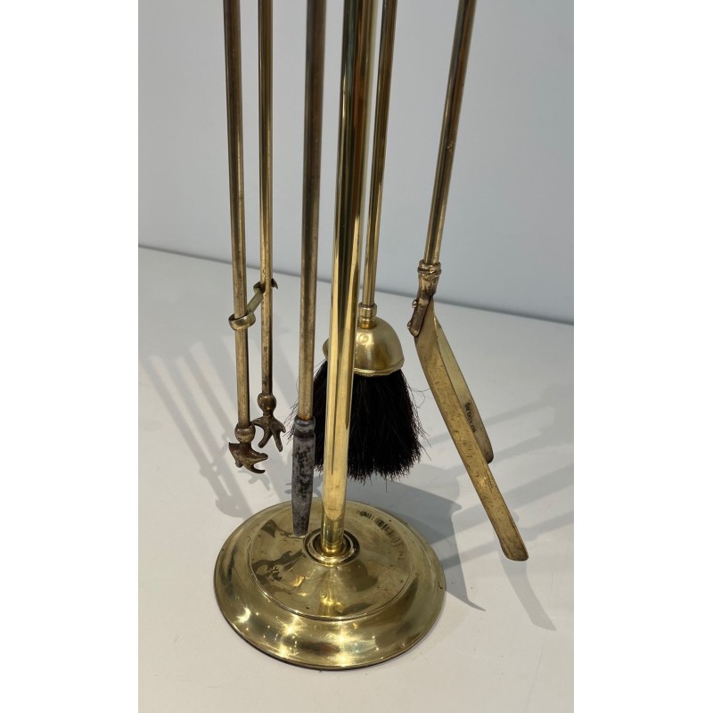 Neoclassical Style Polished Brass Fireplace Companion Set on Stand