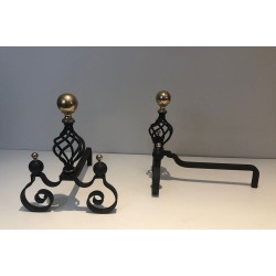 Pair of Wrought Iron Andirons with Polished Brass Ball Finials and Openwork Cage Bodies on Scrolled Bases