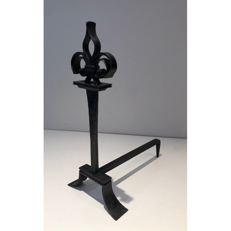 Important Pair of Wrought Iron Andirons with Heraldic Fleur-de-Lys Finials on Spreading Bases