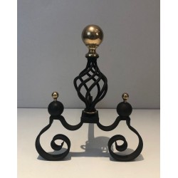 Pair of Wrought Iron Andirons with Polished Brass Ball Finials and Openwork Cage Bodies on Scrolled Bases